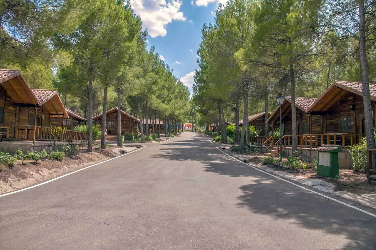 calle principal con cabañas de madera rodeadas de pinos en cabañas rurales valle del cabriel
