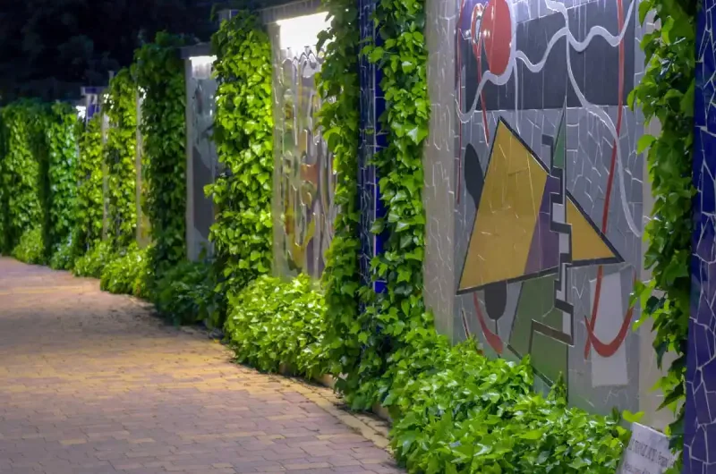 pasillo exterior decorado con murales y vegetación en el balneario de la concepción y cabañas valle del cabriel